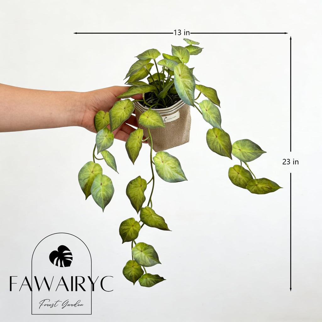 Fake Pothos Hanging Plant in Pot, Light Green Artificial Indoor Greenery