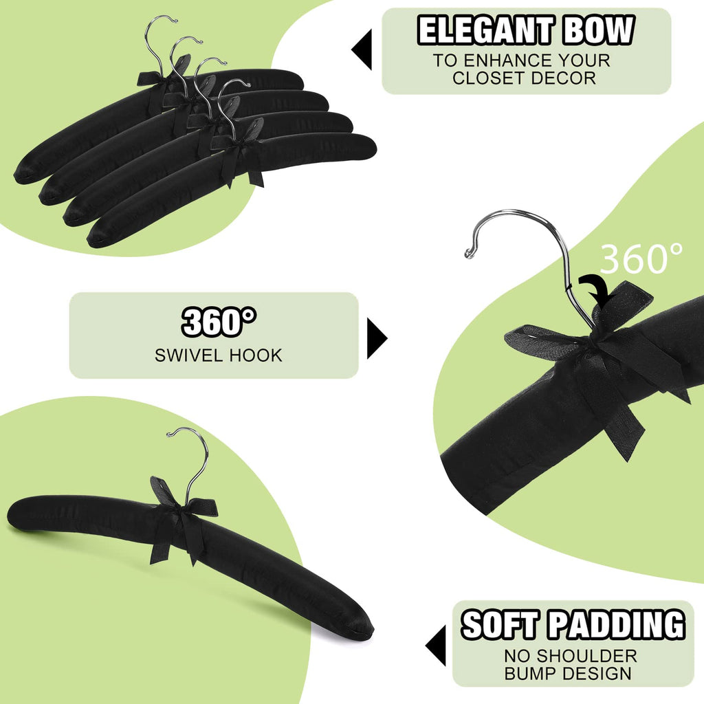 24 Pack Satin Padded Hangers for Women Clothing 15", Black