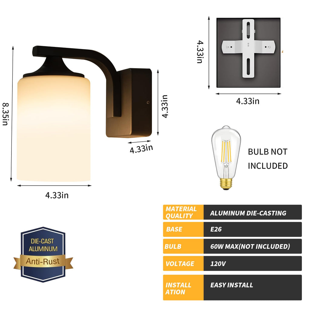 Outdoor Wall Lamp, Waterproof and Anti-Rust Aluminium Modern wall Light Fixture Milk Glass Indoor for Outside, Garden