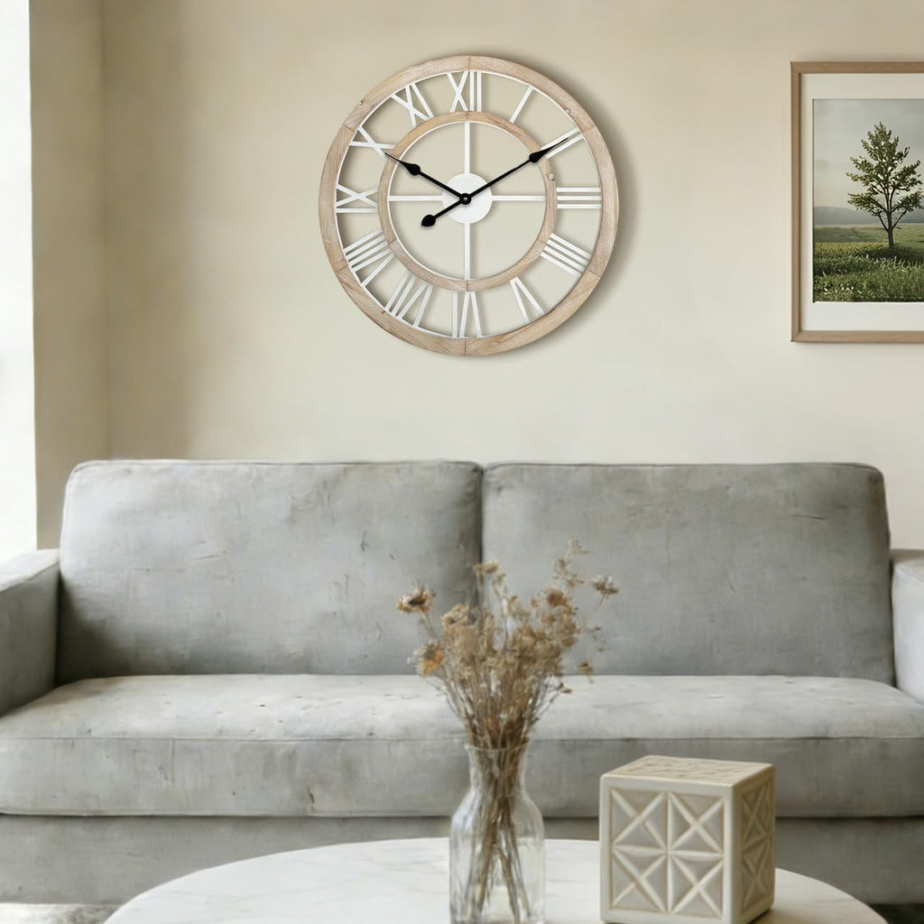 24 Inch Large Rustic Wall Clock Silent Non-Ticking Wooden Wall Clocks with Roman Numerals Farmhouse Decorative Clock
