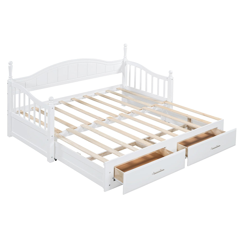 Multifunctional Extending Day Bed with Trundle & Drawers Twin to King Wood Sofa Bed with Headboard No Box Spring