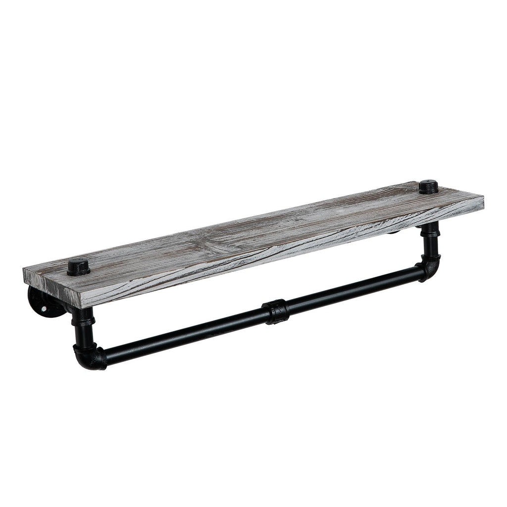 Rustic Style Torched Wood Towel Rack Wall Mounted Industrial Metal Pipe Bar Floating Bracket Shelf Bathroom Kitchen