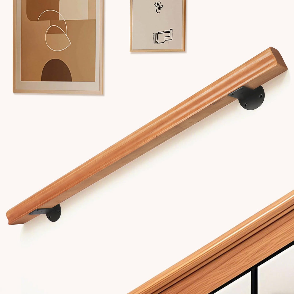 2FT Solid Wood Stair Handrail for Indoor Stairs, Outdoors Stair Railings, Sturdy Wall Mounted Non-Slip Safety Design
