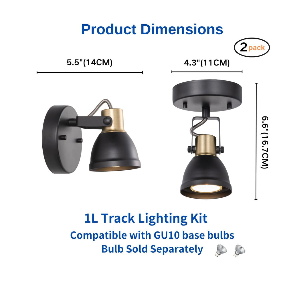 1 Light Track Light Kit Modern Ceiling Spotlights,2 Packs Matte Black with Brass Accent Adjustable Wall Lights Mount