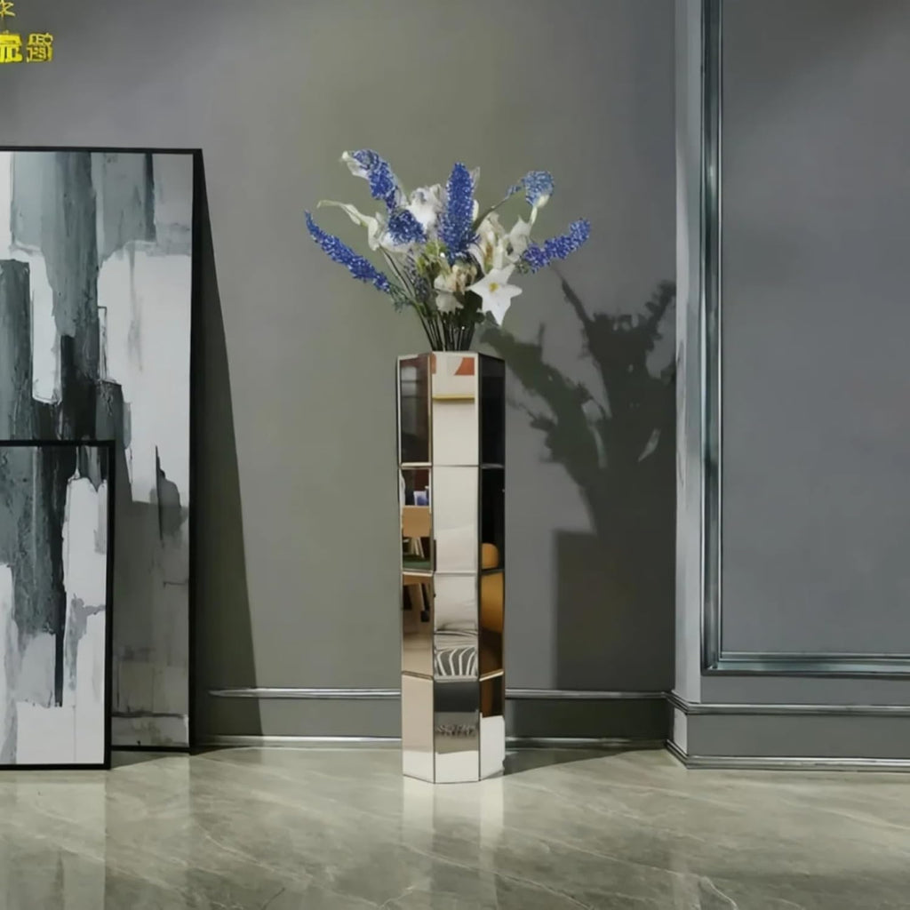 28" Tall Floor Vase, Mirror Silver Large Flower Vases Decor, Mirrored Glass Decorative Modern Vase ,Centerpiece