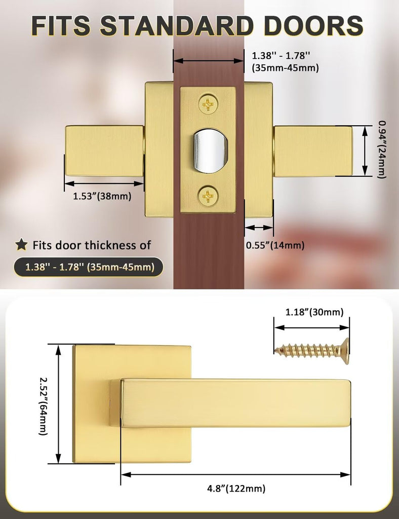 1 Pack Gold Keyless Square Levers Handles, Satin Brass Finish, Interior Passage Door Locksets for Hall Closet Door