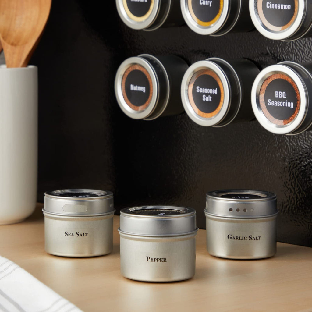 Magnetic Spice Jars - 3 oz, Stainless Steel, 24-Pack - Spice Tins with Sift & Pour Lids & Fridge Magnets Organization