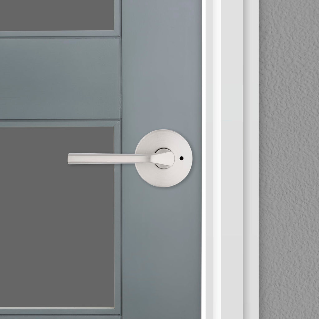 Lisbon Interior Privacy Door Handle with Lock, Round Lever , Satin Nickel Reversible Keyless Push Button Lock Door