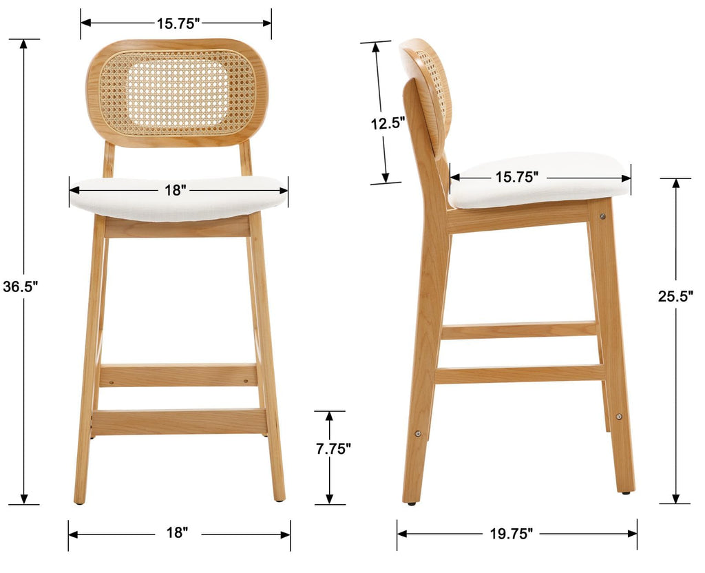 Rattan Counter Height Bar Stools Set of 3 Modern Farmhouse Barstools with Cane Backs 26 Inch Wood Counter Stool