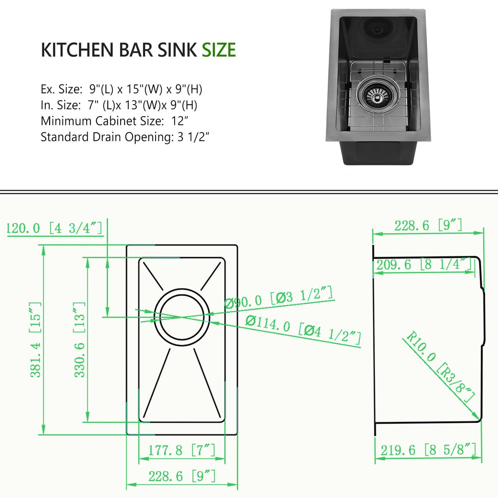 9x15 Black Undermount Small Bar Sink, 9 Inch 16Gauge Undermount Black Small Kitchen Bar Sinks