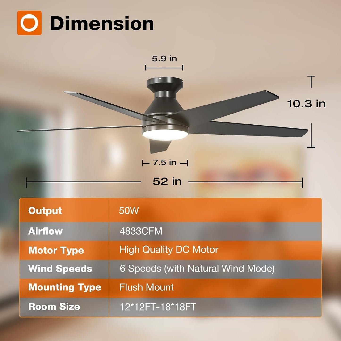 Ceiling Fans with Lights, 52 inch Low Profile Ceiling Fan with Light and Remote Control, Flush Mount, Reversible, 3CCT, Dimmable, Noiseless, Black Ceiling Fan for Bedroom, Indoor/Outdoor Use A103-B0CLNJNKMW