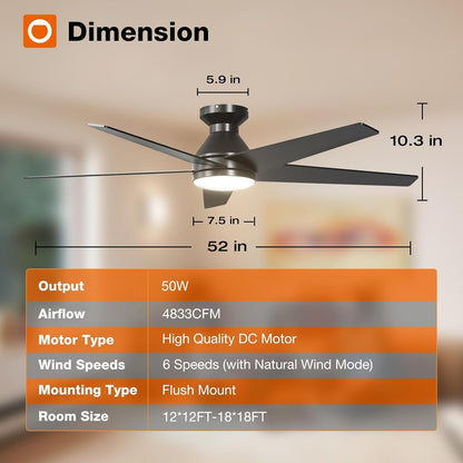 Ceiling Fans with Lights, 52 inch Low Profile Ceiling Fan with Light and Remote Control, Flush Mount, Reversible, 3CCT, Dimmable, Noiseless, Black Ceiling Fan for Bedroom, Indoor/Outdoor Use A103-B0CLNJNKMW