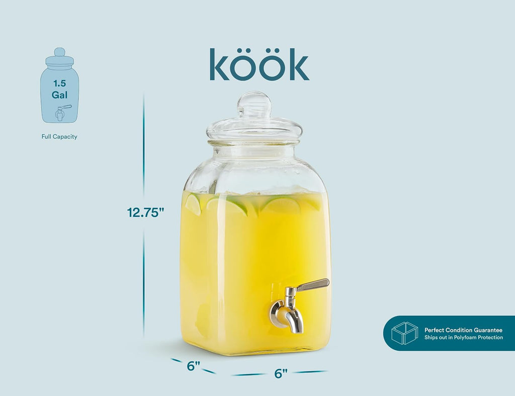 Glass Drink Dispenser, with Leak-Proof Stainless Steel Spigot and Customizable Label Tag, Clear Mason Jar, Beverage
