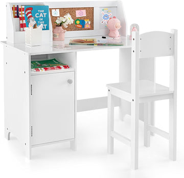 Kids Desk and Chair Set, Wooden Children School Study Table and Chair w/Whiteboard, Hutch, Storage Shelves, Student