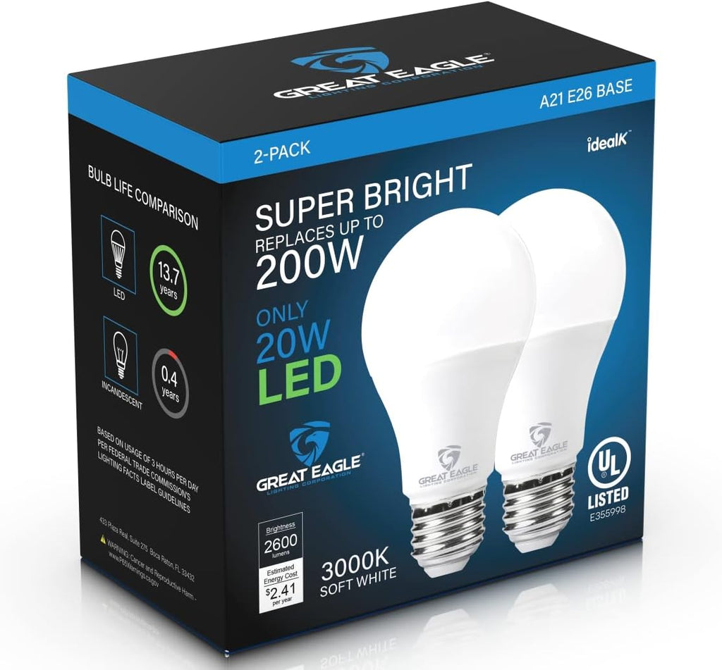 Super Bright 150W-200W LED Light Bulb 2600 Lumens, A21 Non-Dimmable 3000K Soft White, High Lumen, UL Listed (2-Pack)