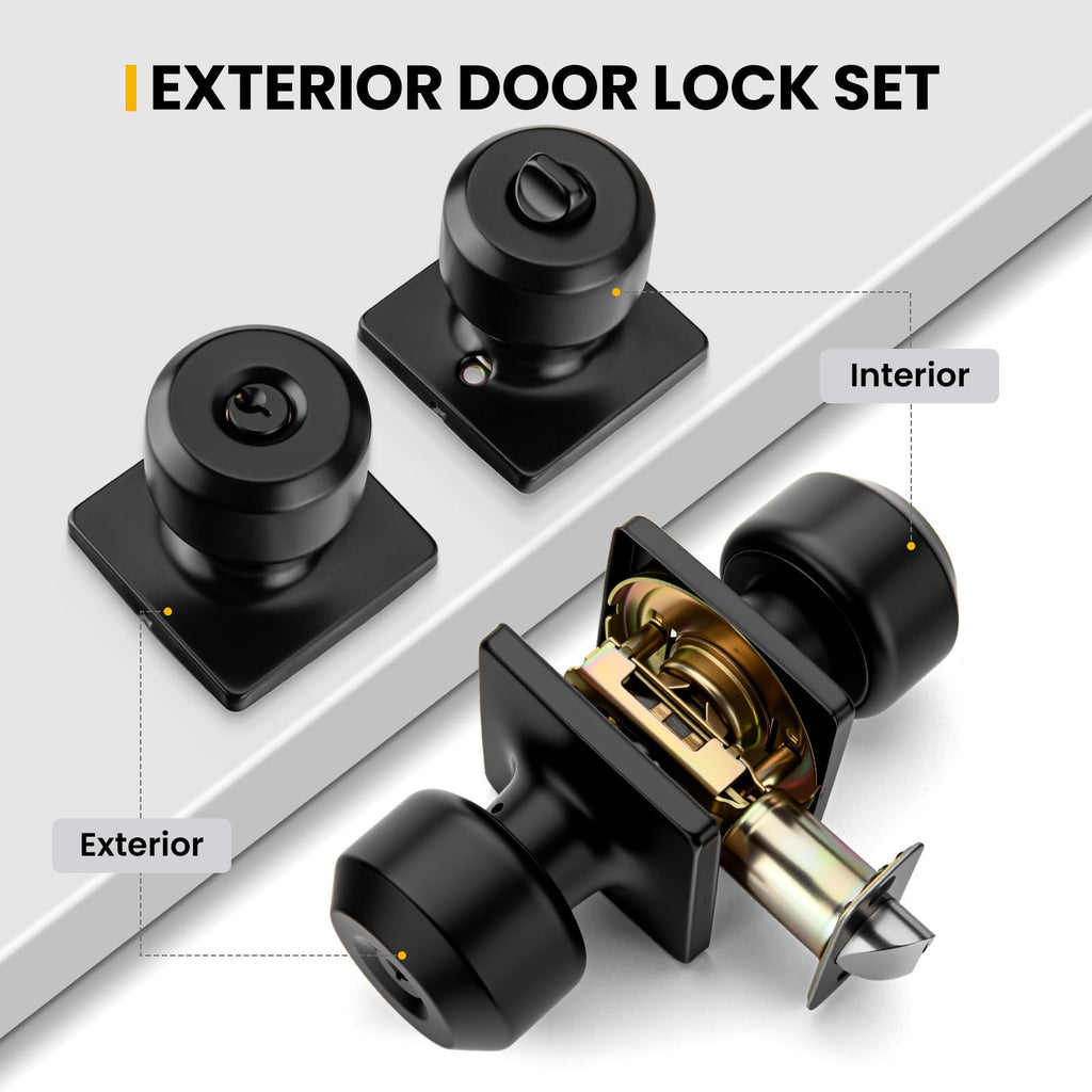 Exterior Deadbolt and Keyed Entry Door Knob Set, Key Entry Front Black Door Knob with Lock and Key (3 Pack)