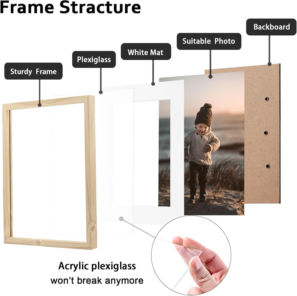 11x14 Picture Frame Wood Grain Set of 6 Photo Frames Matted 8x10 | 11 x 14 Wooden Picture Frame with Plexiglass Fits