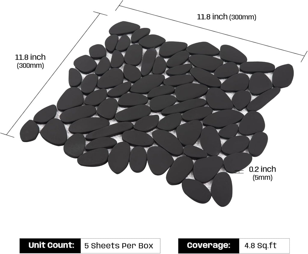 Pebble Tile for Shower Floor, Black Long Oval Pebble Mosaic Backsplash Bathroom Wall and Floor Tile and Outdoor
