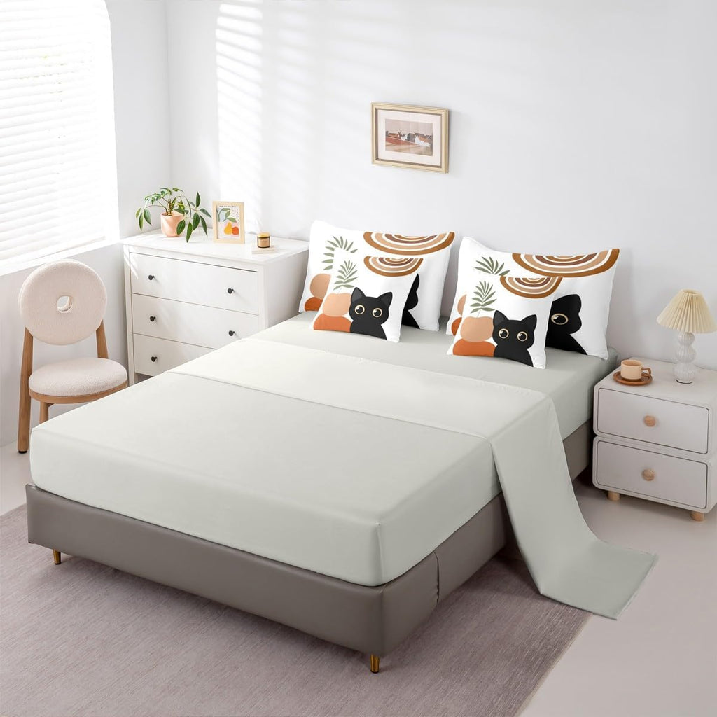 7 Pcs Kids Funny Cat Bedding Set Boho Mid Century Comforter Set with Sheets Twin Size Modern Minimalism Animals Bed