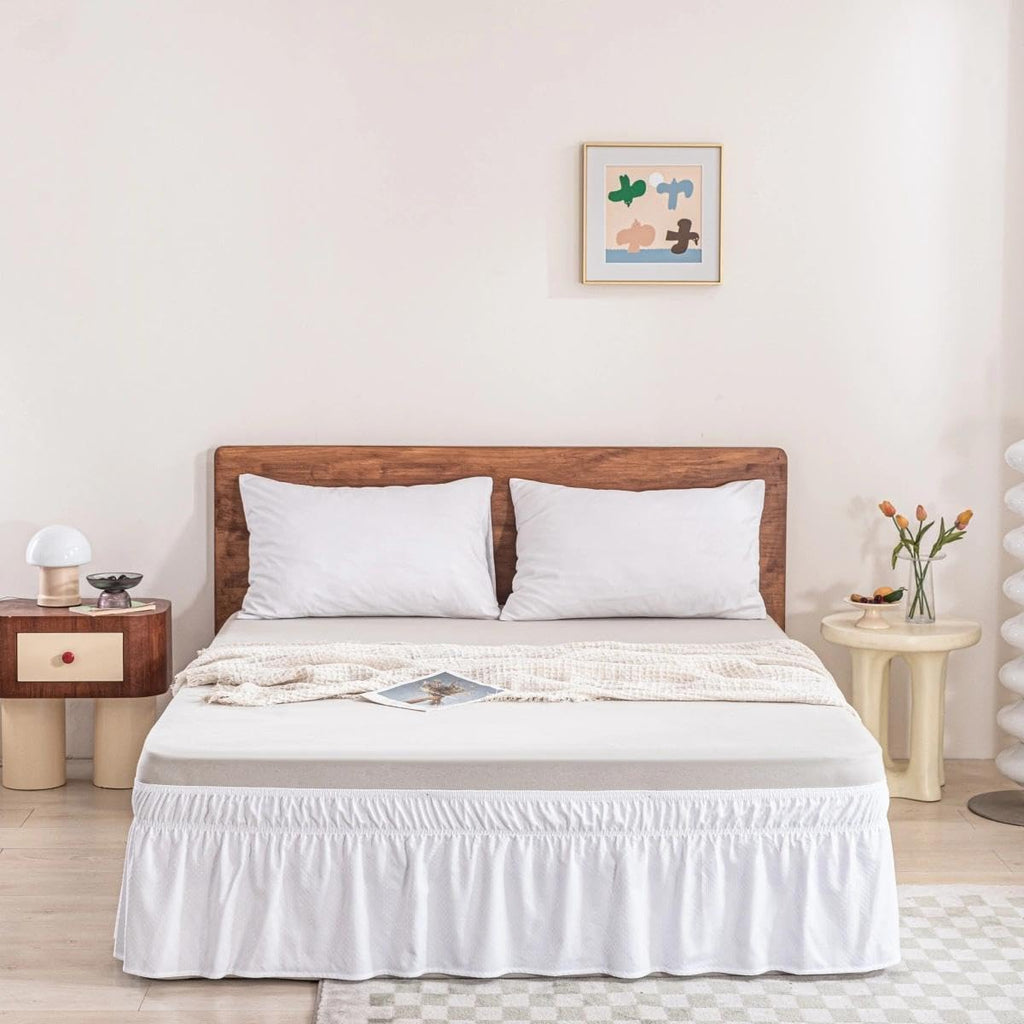 Wrap Around Bed Skirt - Queen Size Bed Skirt with 15 Inch Drop, White | Easy Fit Elastic Strap - Adjustable Pleated