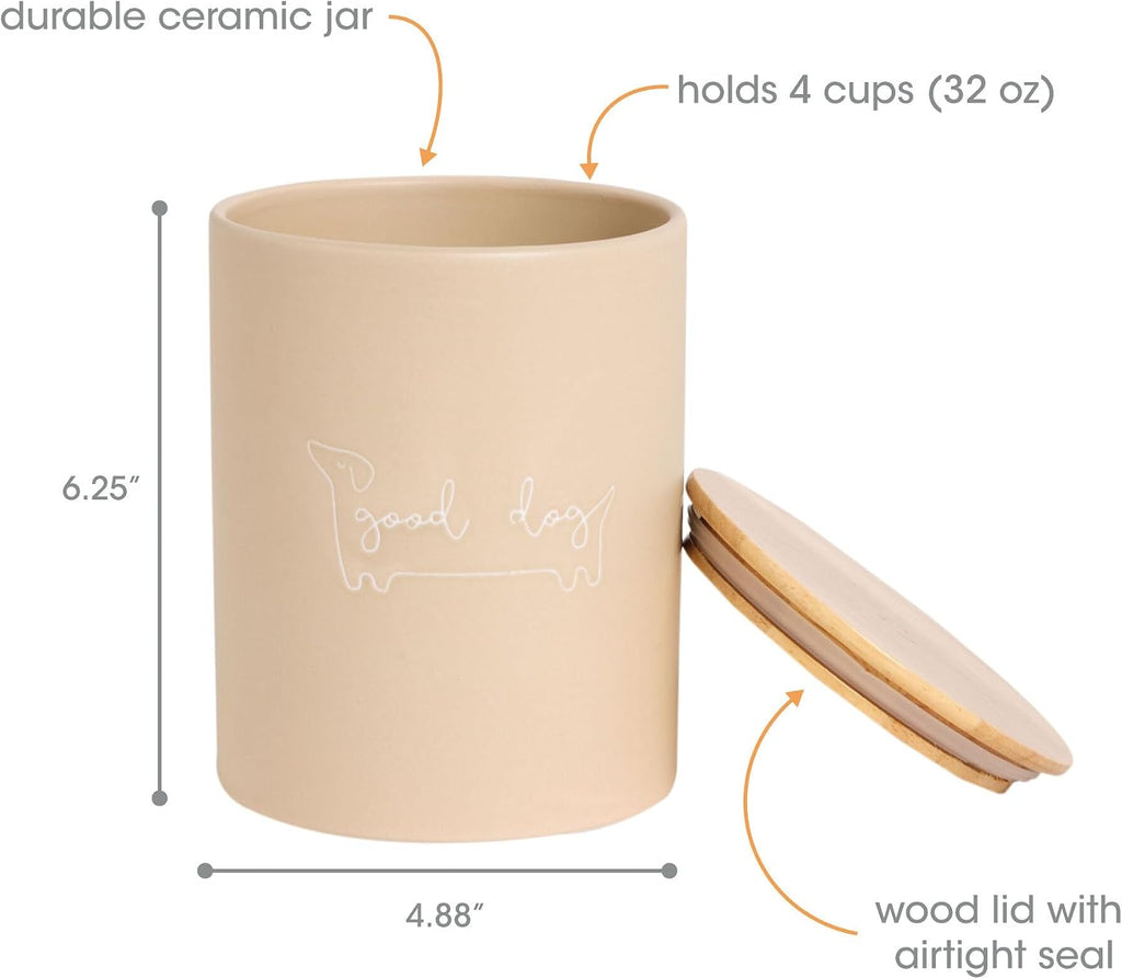 Taupe Good Dog Ceramic Dog Treat Jar with Airtight Wooden Lid