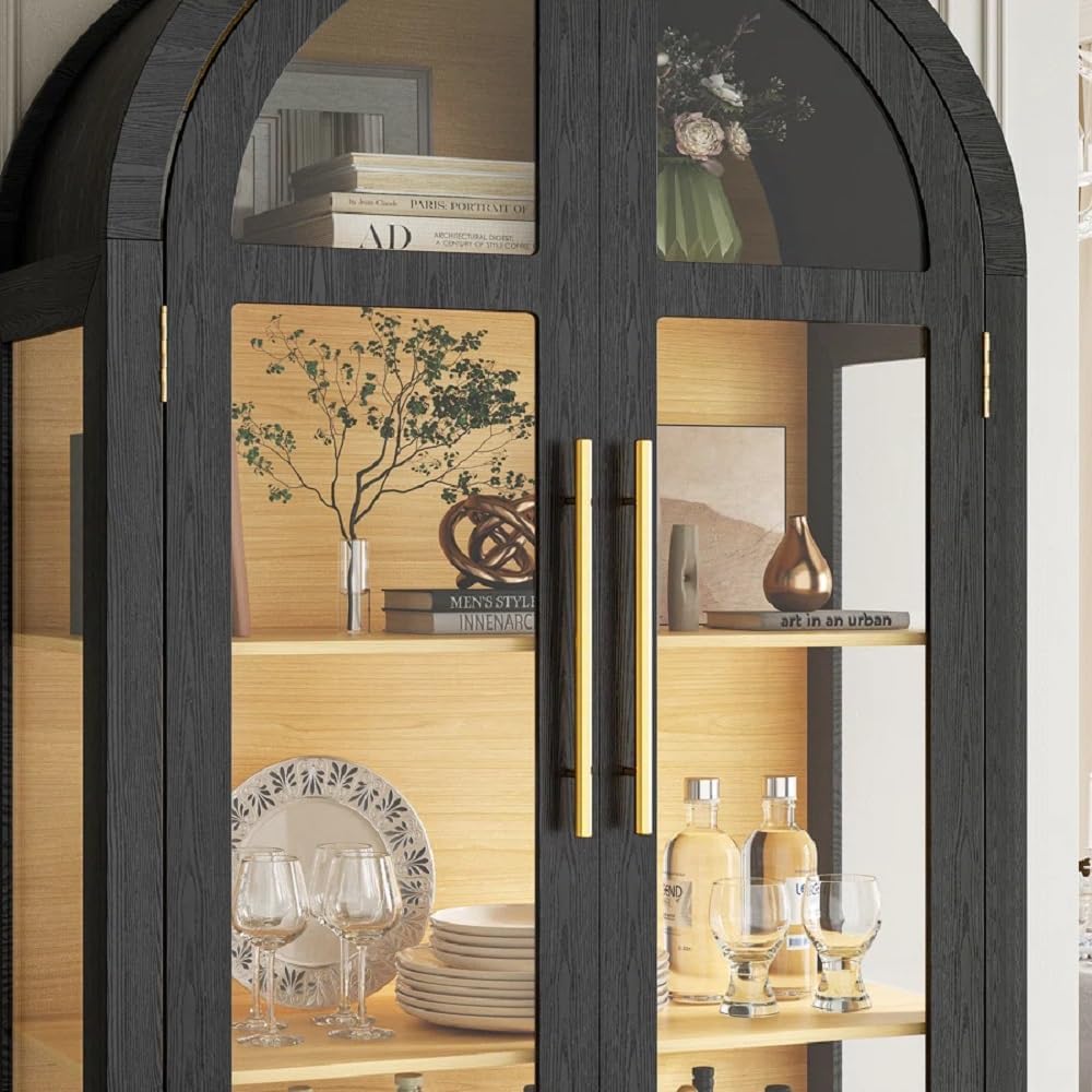 Arched Curio Cabinet with Glass Doors, 4-Tier Display Cabinet with 2 Drawers, Tall Bookcase with 3 Color Lights