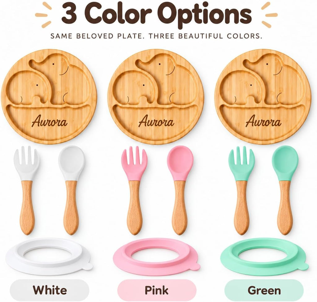 Personalized Bamboo Baby Plate with Suction, Custom Name Toddler Plate Set