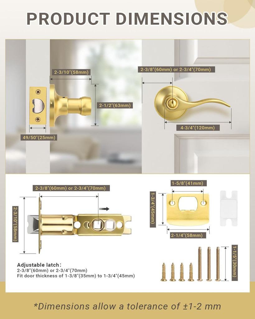 1 Pack Gold Door Handle Interior Privacy Doorknob Bedroom Door Handle with Lock, Reversible for Left and Right