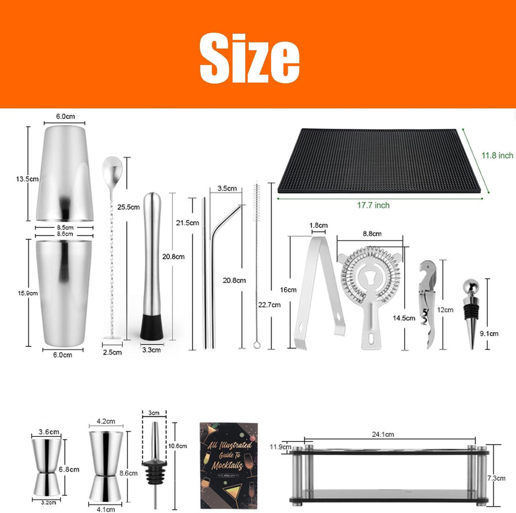 Cocktail Shaker Set, 16-Piece Boston Stainless Steel Bartender Kit with Bar Mats and Bar Set with Acrylic Stand - Set of 16