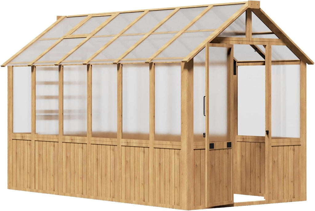 6x12FT Greenhouse ,Wooden Green House for Outdoors with Natural Wood Frame and Polycarbonate Panel, Walk-in
