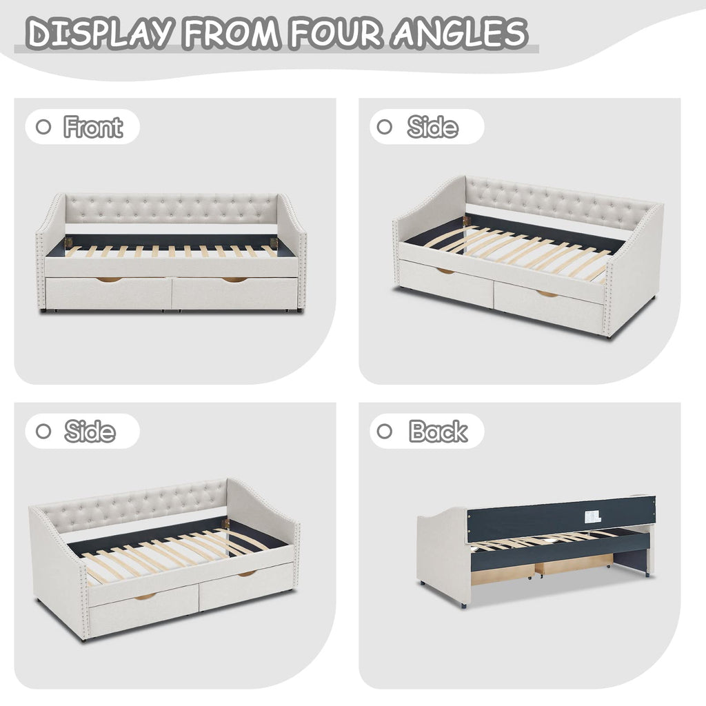 Upholstered Daybed with Drawers, Modern Fabric Twin Size Button Tufted Daybed Frame Sofa Bed, No Box Spring Needed