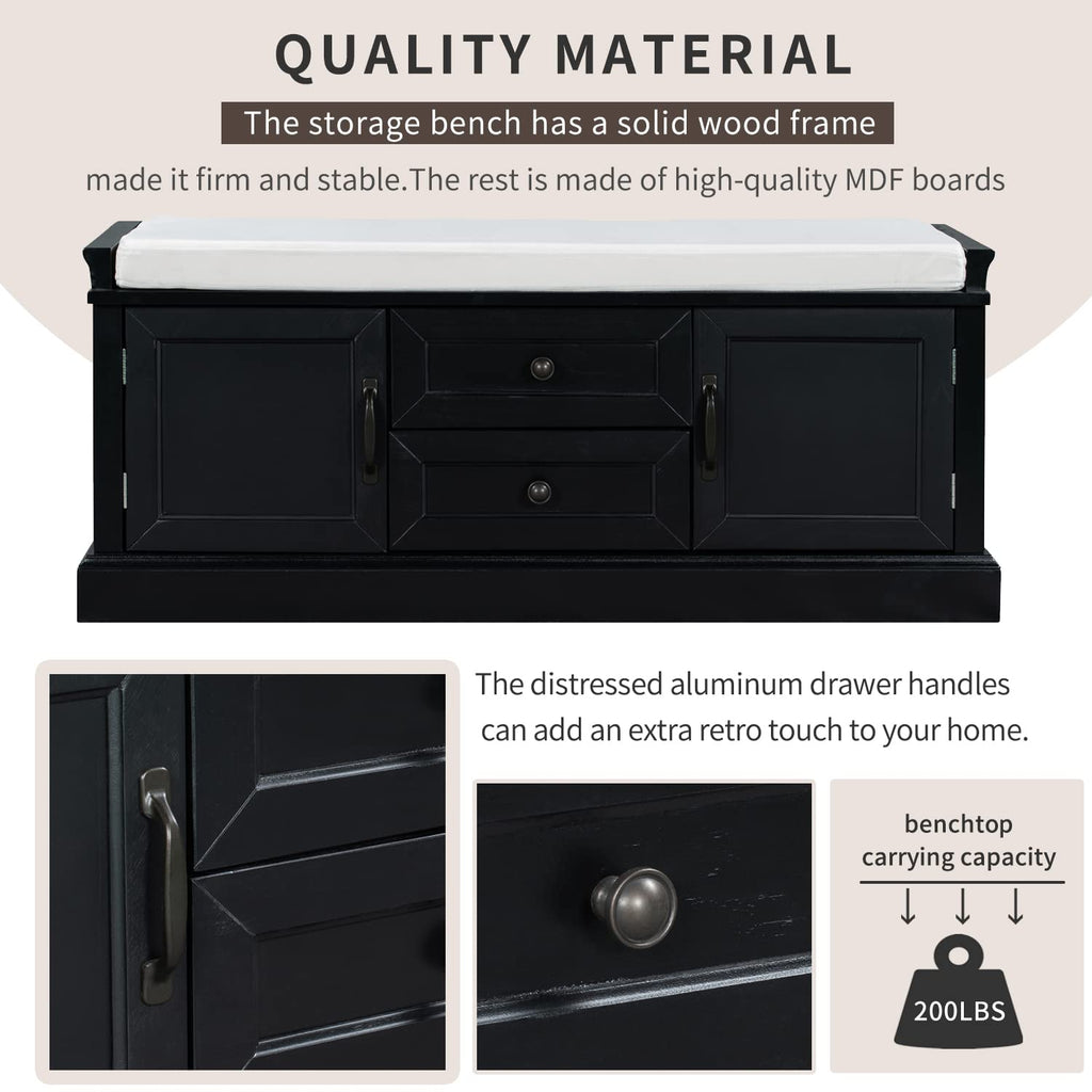 Rustic Wood Storage Bench With 2 Cabinets and 2 Drawers, Removable Cushion - Assembly Required