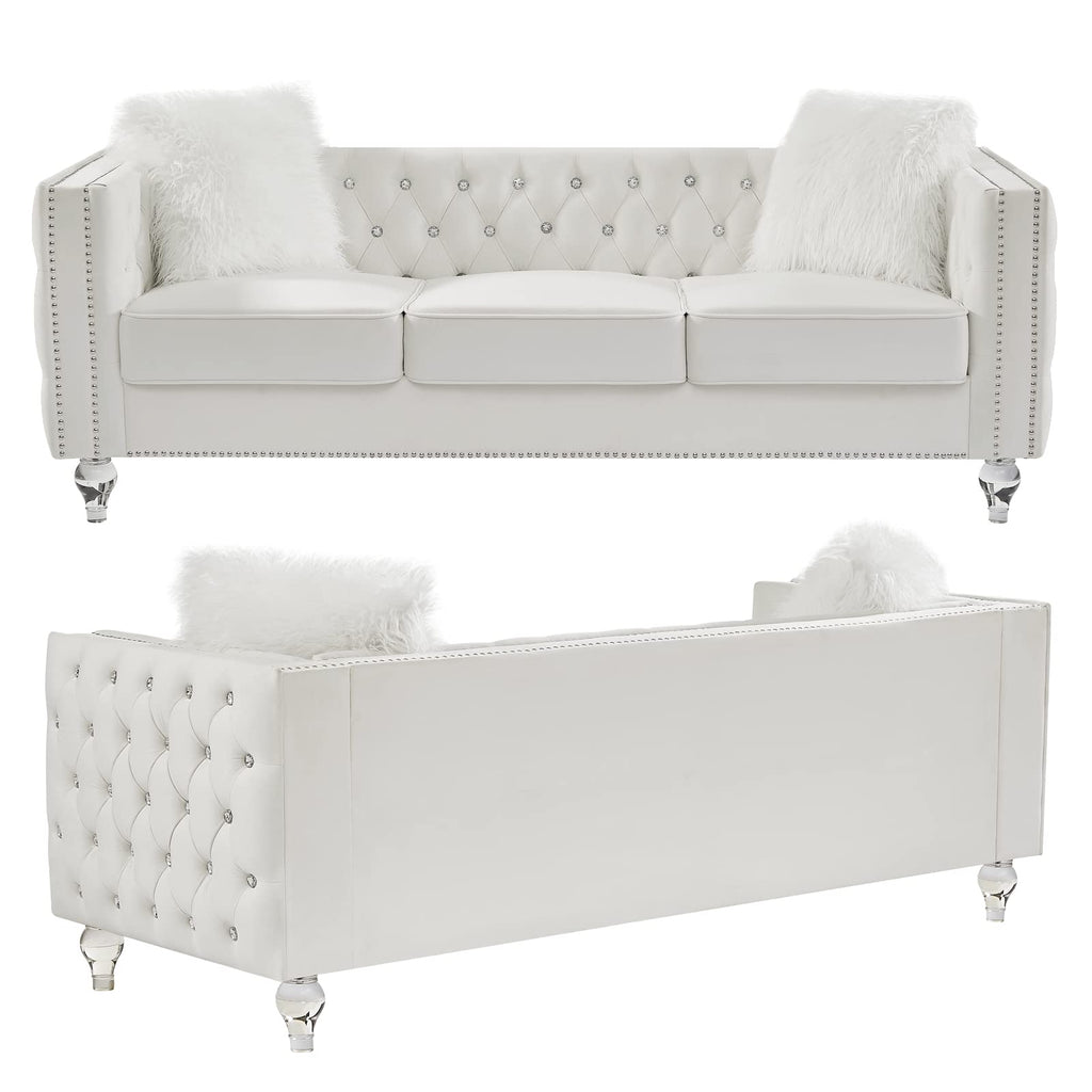 3 Seater Sofa Couch with Buttons and Square Arms 83.07 Inch Tufted 3-seat Sofas with Trimmed Nailhead and Acrylic