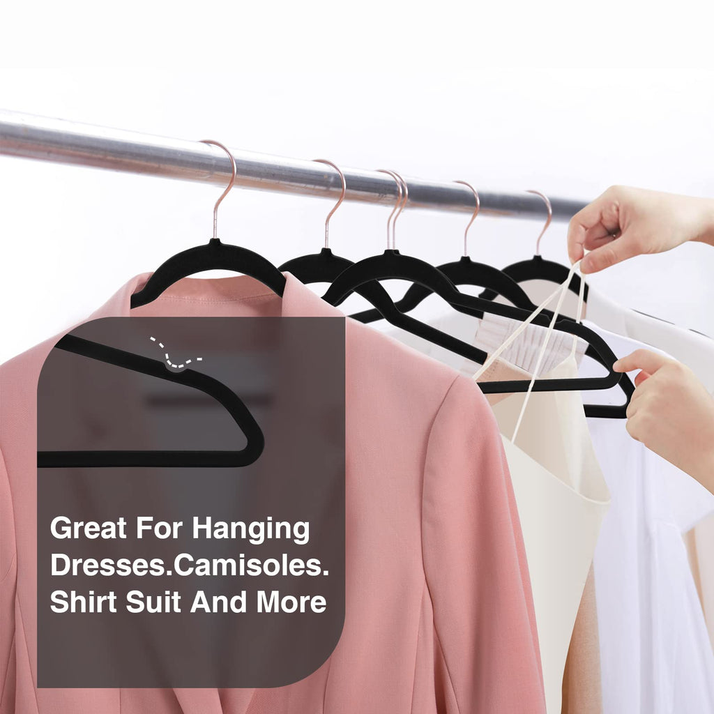 Black Velvet Hangers 50 Pack, Premium Felt Hangers, Non Slip Hanger with 360 Rotating Hook, Heavy Duty for