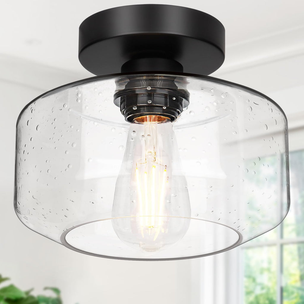 Industrial Semi Flush Mount Ceiling Light, 800 Lumen LED Bulb Included, Seeded Glass Shade Farmhouse Light Fixture