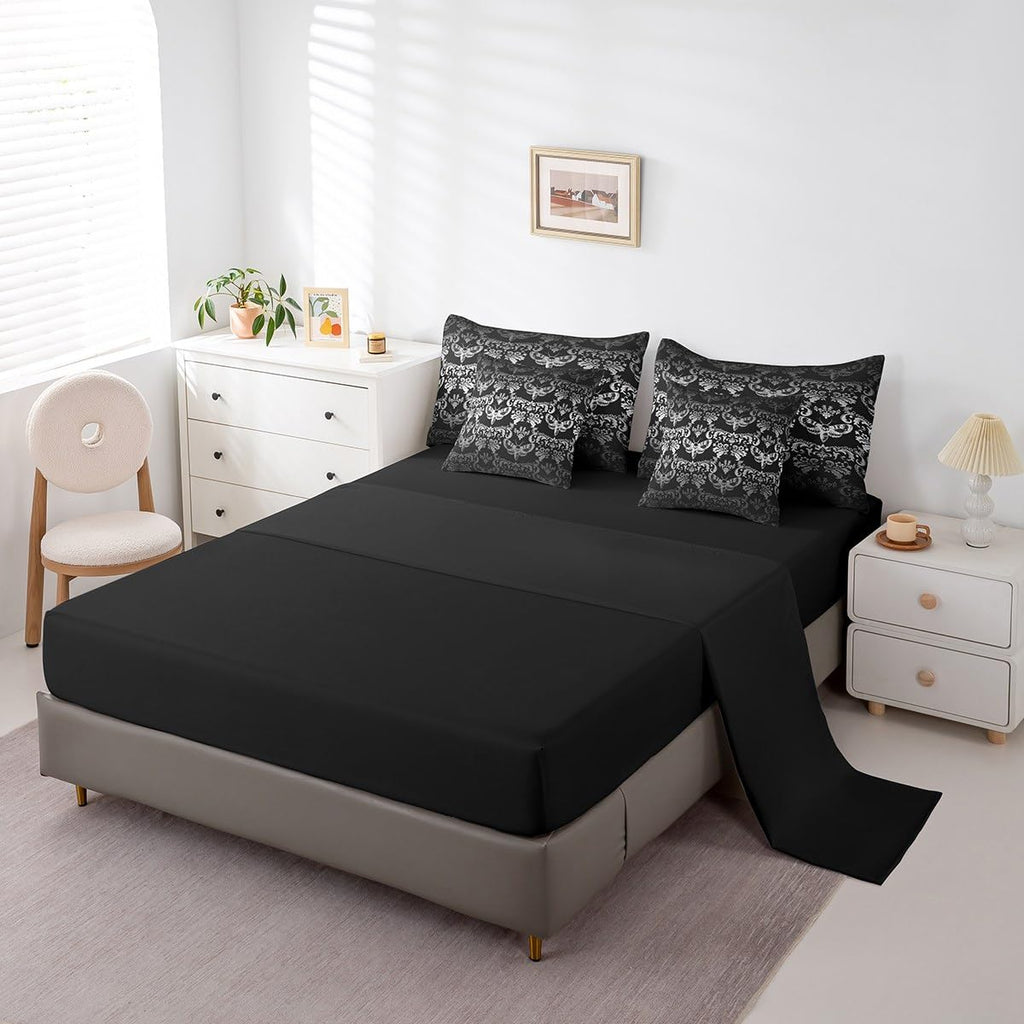 Gothic Queen Comforter Set 7 Pcs Black Grey Moth Goth Bed in A Bag with Sheets Vintage Damask Boho Bedding Comforter