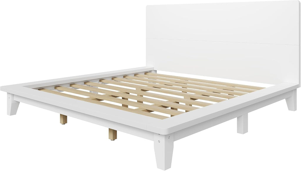 King Size Wooden Bed Frames with White Headboard, Japanese Pine Wood Platform Bed, Rustic & Mid-Century Modern