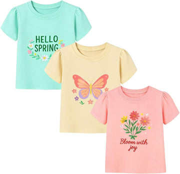 Toddler Girls Graphic T Shirts 3 Pack 100% Cotton Cute Spring Summer Short Sleeve Tees Soft Breathable Tops