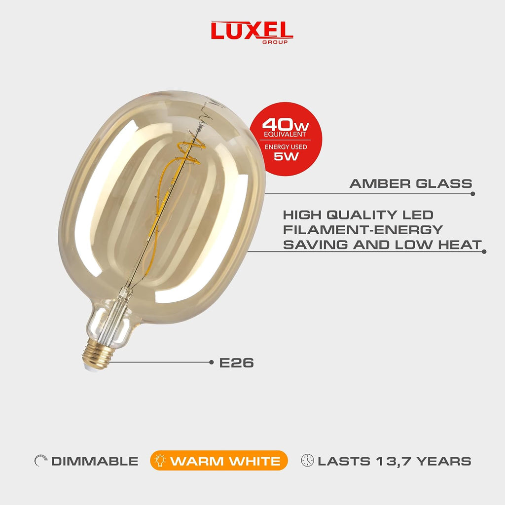 Oversized Edison LED Light Huge Bulb Vintage Ellipse 170 5W Equivalent 40W - Dimmable 2200K Warm Glow 300 Lumens