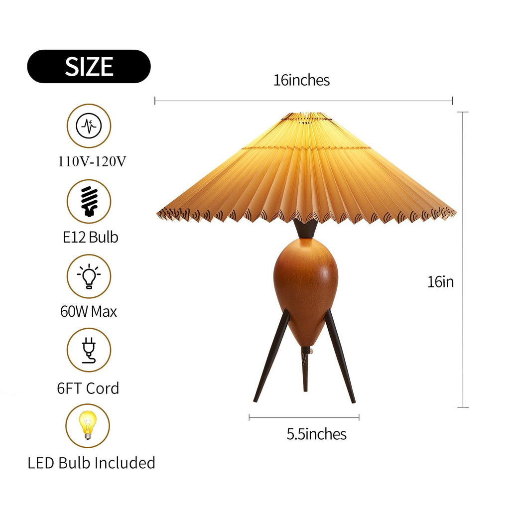 Japandi Zen Table Lamp, Red Solid Wood Tripod Base, Pleated Umbrella Shade