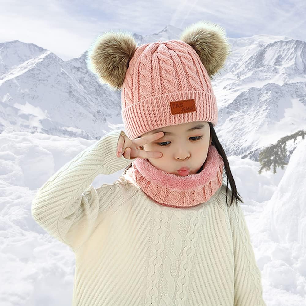 Kids Winter Beanie Hat Scarf Gloves Set Knit Warm Toddler Winter Cap Gloves Neck Warmer for Boys Girls 1-8 Year