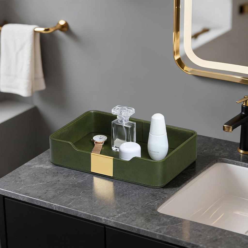 PU Leather Valet Tray, Nightstand Organizer, Catchall Tray, Green