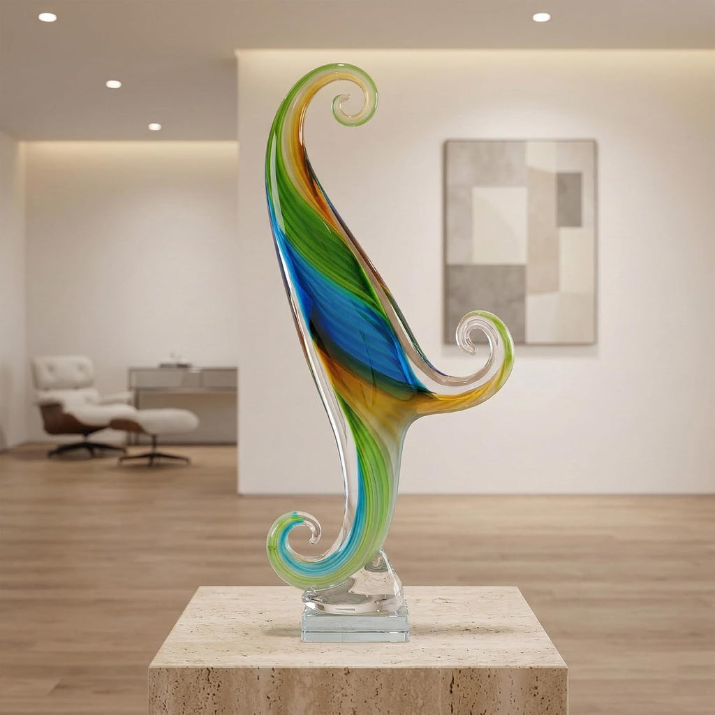 16.9in Tall Glass Wave Sculpture Hand Blown Art Figurine Abstract Twist Statue Decor Living Room Shelf Mantel
