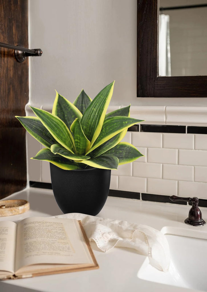 Artificial Snake Plants 9" Faux Agave Succulent Plant Potted in Black Pot Fake Sansevieria Aloe Tropical Plant for