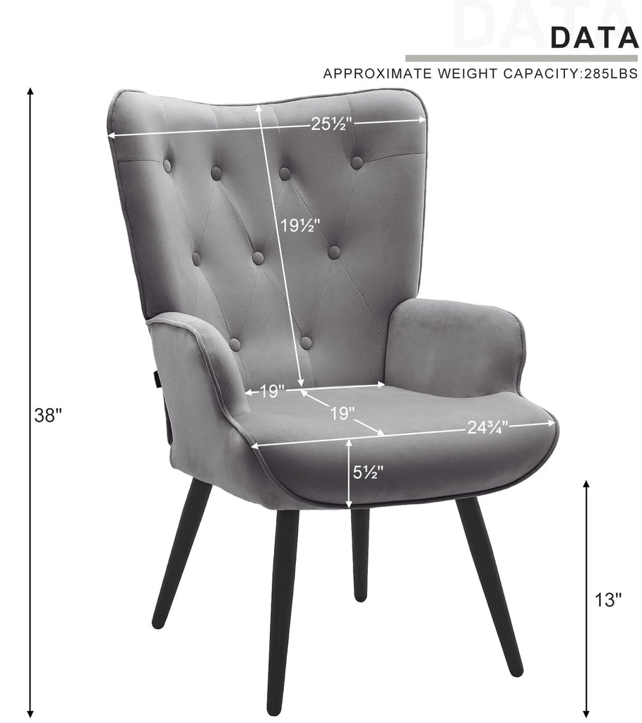 Grey Velvet Accent Chair Mid Century Modern Living Room Chairs; Comfy Armchair Leisure Vanity Guest Wingback Chair