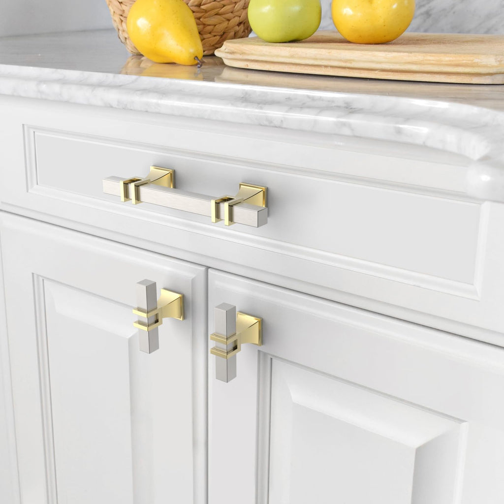 6 Pack Brushed Satin Nickel and Gold Cabinet Pulls 3 Inch(76mm) Hole Center Drawer Pulls Cabinet Hardware Kitchen