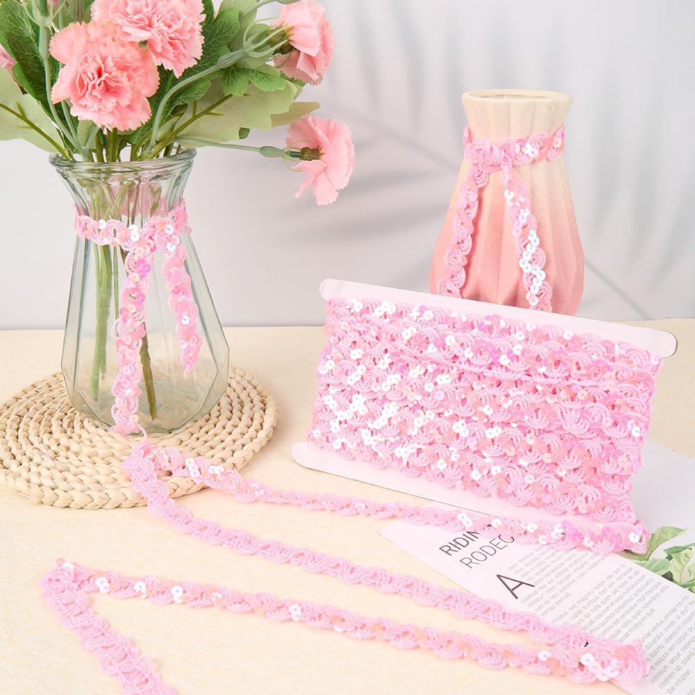 Pink Sequin Trim Flat Sequins Beaded Strip Rick Rack Wave Woven Braid Trimming Metallic Glitter RIC Rac - 12 Yards