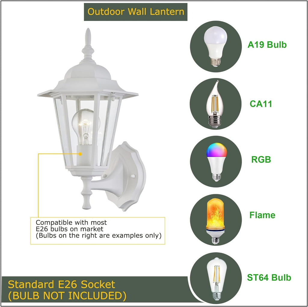 2 Pack Outdoor Wall Light, White Wall Sconce Porch Lighting Fixture, E26 Base 60W Max, Metal Housing Plus Glass, Wet