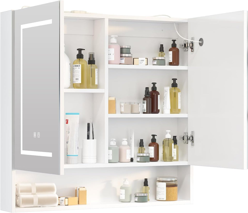 Lighted Medicine Cabinet with 2 Doors,Large Led Medicine Cabinet with Mirror,Anti-Fog, Wall-Mounted Bathroom Mirror