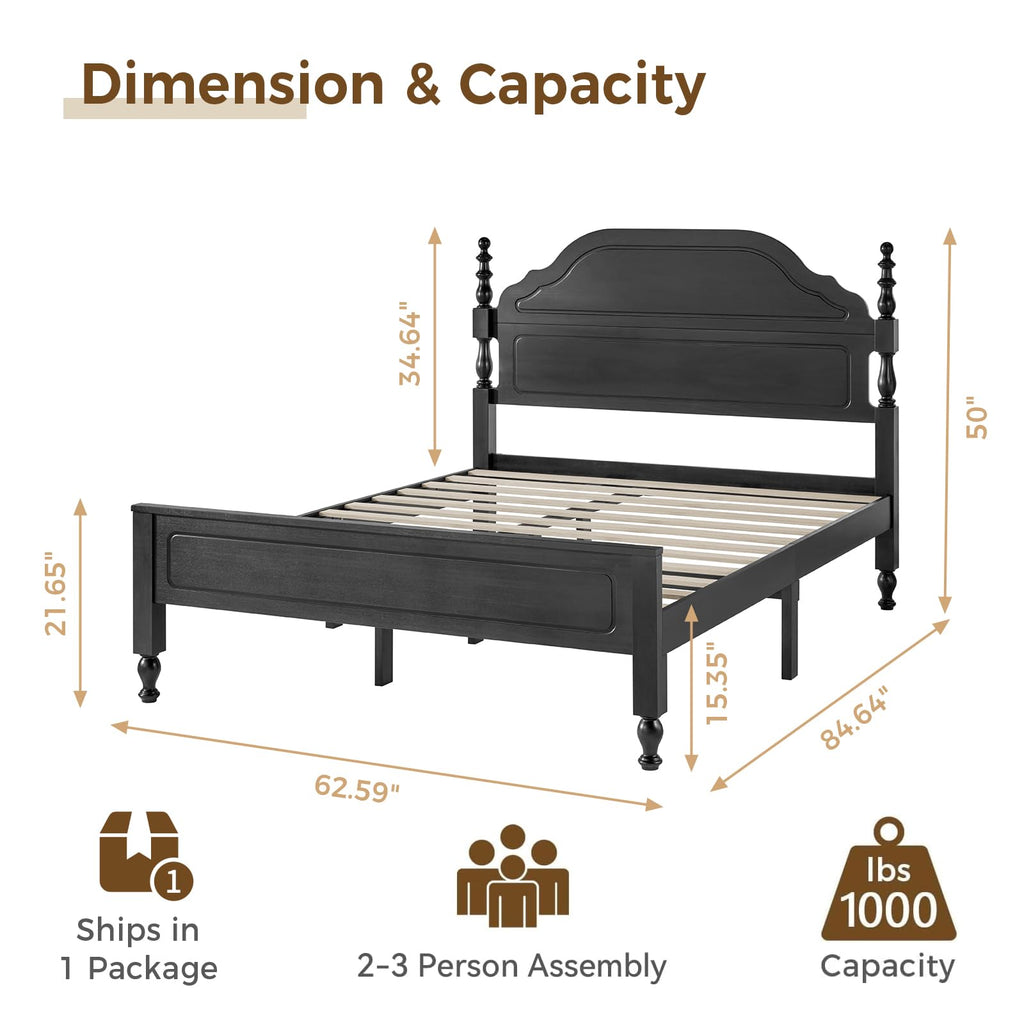 Wood Bed Frame with Wooden 50" Tall Headboard, Heavy Duty Solid Wood Slats Support, Rubber Wood Platform